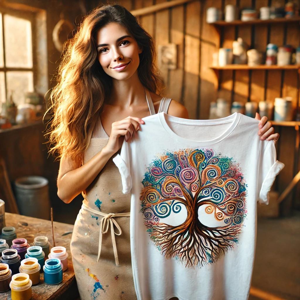 DALL·E 2025-01-21 20.31.31 - A young woman in her mid-30s holding up a white t-shirt with a hand-painted 'Tree of Life' design, showcasing intricate colorful details like swirling